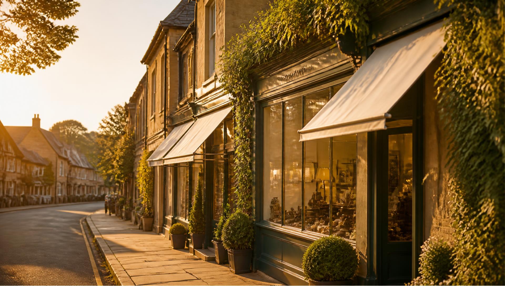 An elegant British high street of independent shopfronts at golden hour